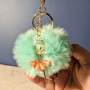 Pastel Green Pom Pom Bag Charm with Ballerina Jeweled